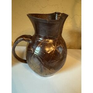 Vintage Studio Pottery Pitcher Hand Thrown Faceted Brown Glaze Art Jug Rustic